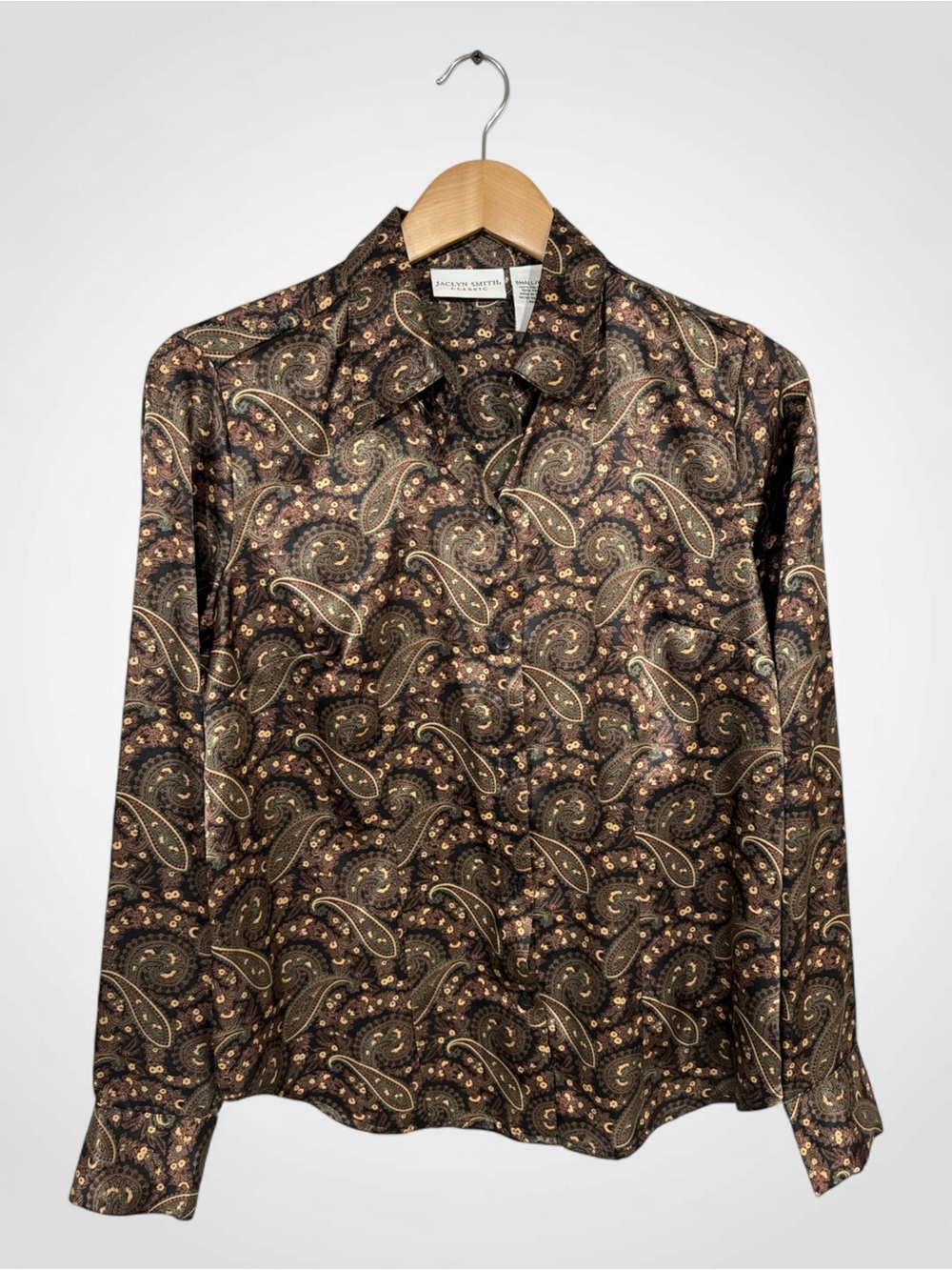 WSH21 {Jaclyn Smith} Brown Paisley Floral Satin Button Down Blouse Top Shirt